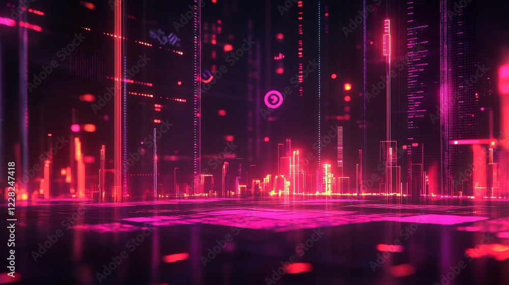 Fototapeta premium Abstract Digital Cityscape with Neon Elements Highlighting Technological Advancement and Data-Driven Urban Environments : Generative AI