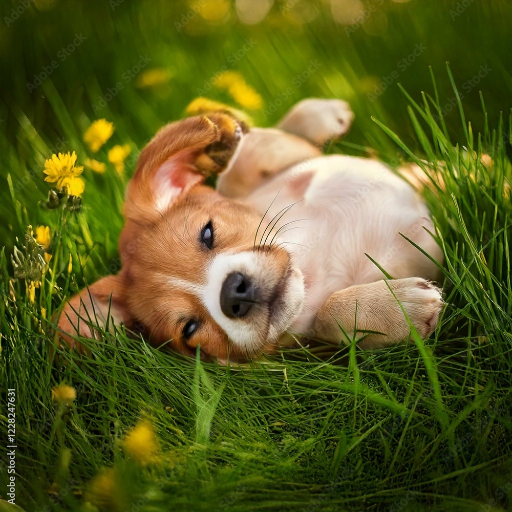 Ein sich im Gras gemütlich herumwälzender Hundewelpe Ein sich im Gras gemütlich herumwälzender Hundewelpe
