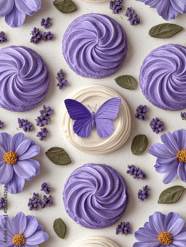Lavender and purple meringue swirls with butterfly. Lavender and purple meringue swirls with butterfly.