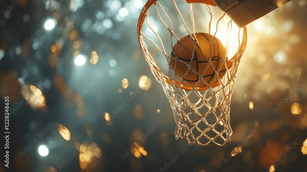 Basketball Swishing Through Net During Game