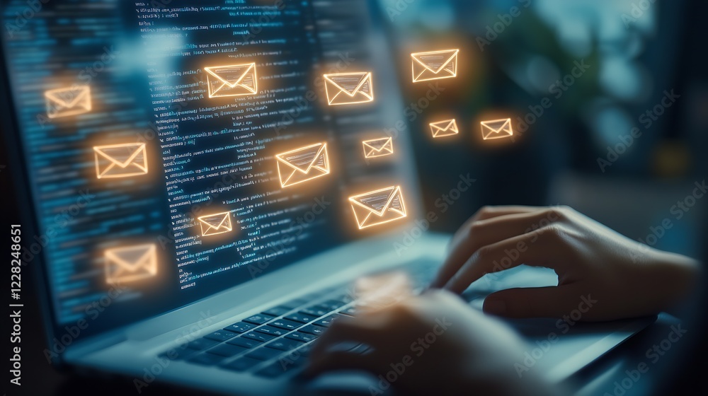 Hands Typing on Laptop with Glowing Email Icons for Digital Communication : Generative AI Hands Typing on Laptop with Glowing Email Icons for Digital Communication : Generative AI