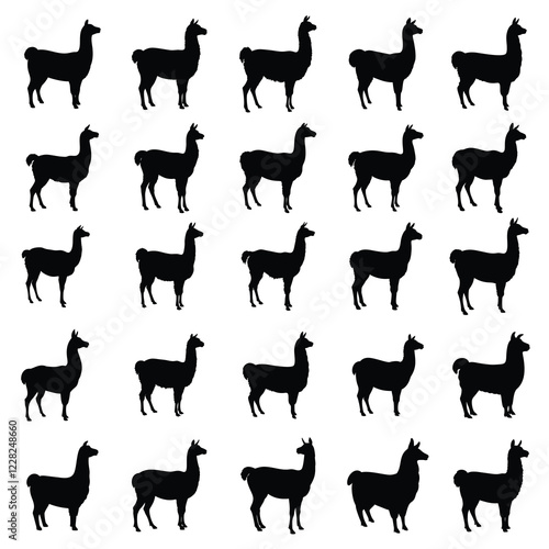 llama vector silhouette.Rough illustration of a Llama silhouette with a river view.Llama silhouettes set, animal pack of vector silhouette design, isolated background