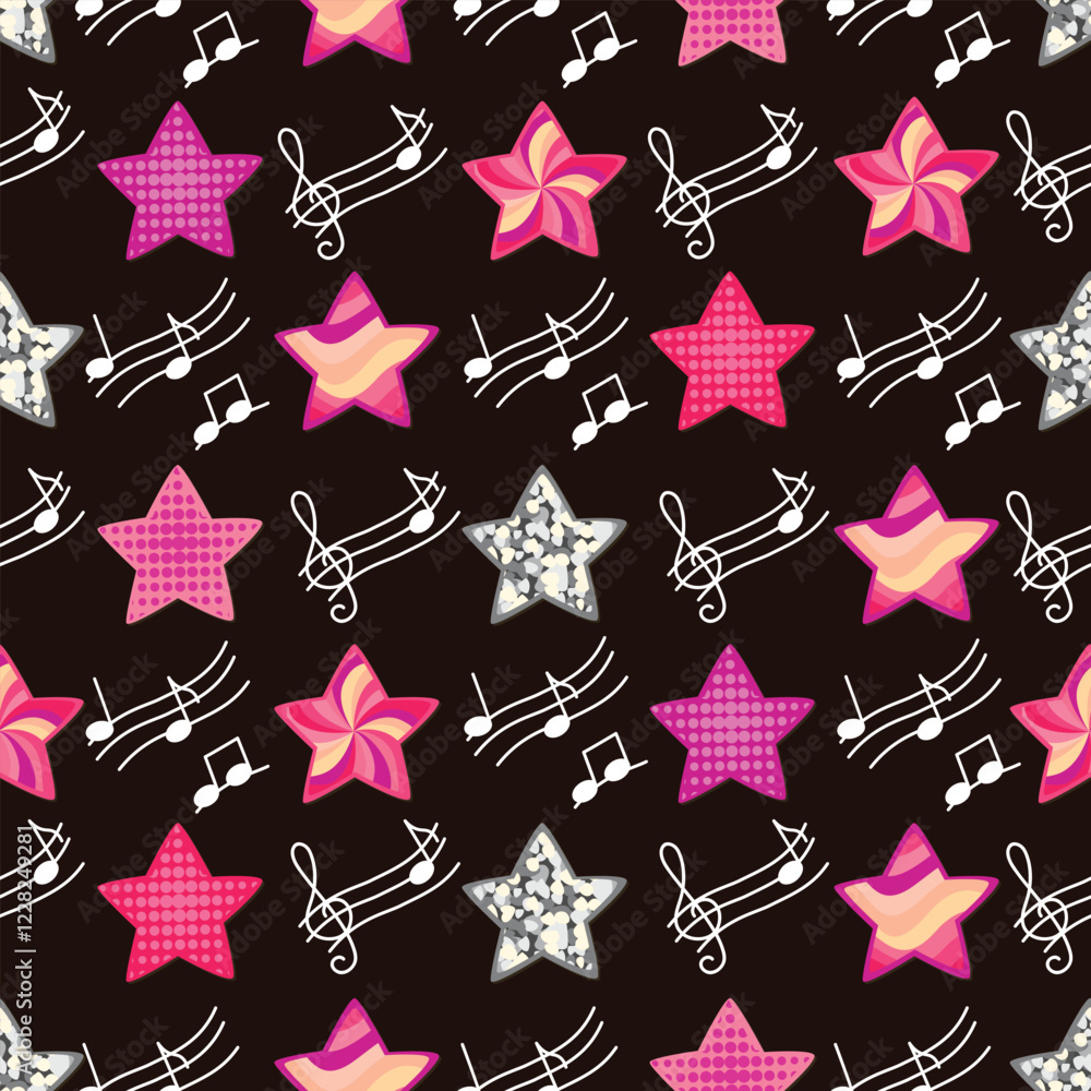 Cartoon seamless pattern with colorful stars and musical notes on dark brown background. White graphic doodle elements and geometric shapes with textures. Vector design for textile, wrapping paper. Cartoon seamless pattern with colorful stars and musical notes on dark brown background. White graphic doodle elements and geometric shapes with textures. Vector design for textile, wrapping paper.