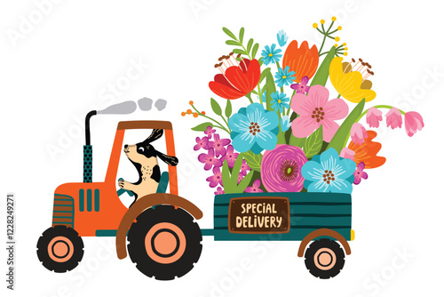 Cartoon card with cute dog and flowers. Funny character on a tractor carries  huge bouquet in trailer. Handwritten Sign Special Delivery. Vector design isolated on white background. Flat  illustration