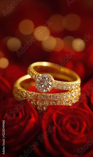 Two shimmering wedding rings rest delicately atop a vibrant bed of roses, symbolizing love's eternal promise and the beauty of romance on Valentine's Day.