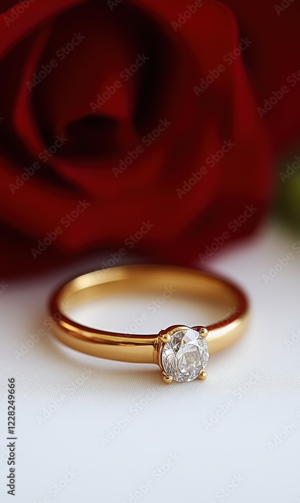 A stunning gold ring adorned with a sparkling diamond rests beside a velvety red rose, symbolizing love and devotion on Valentine's Day. A stunning gold ring adorned with a sparkling diamond rests beside a velvety red rose, symbolizing love and devotion on Valentine's Day.