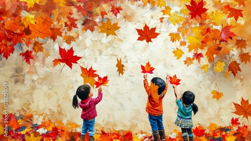 Children joyfully playing with falling autumn leaves in vibrant pastel scene