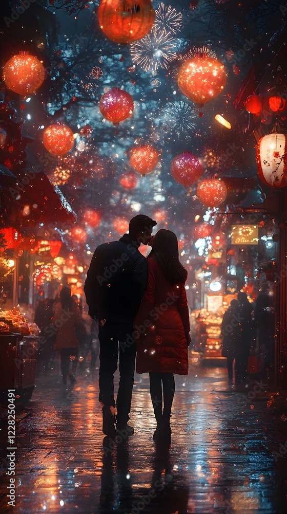 A couple holds hands and kisses under dazzling fireworks on Valentine's night, evoking romance and warmth. Ideal for greeting cards, ads, or campaigns celebrating love and relationships. A couple holds hands and kisses under dazzling fireworks on Valentine's night, evoking romance and warmth. Ideal for greeting cards, ads, or campaigns celebrating love and relationships.