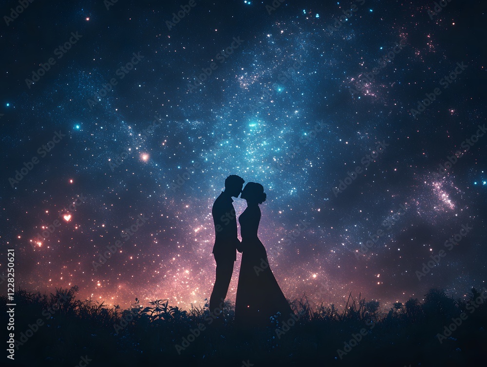 Obraz premium A couple holds hands and kisses under dazzling fireworks on Valentine's night, evoking romance and warmth. Ideal for greeting cards, ads, or campaigns celebrating love and relationships.