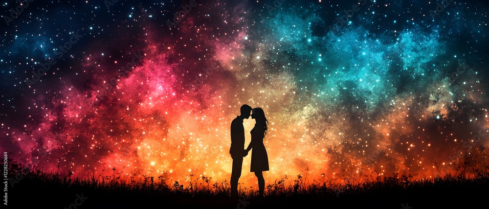 Naklejka premium A couple holds hands and kisses under dazzling fireworks on Valentine's night, evoking romance and warmth. Ideal for greeting cards, ads, or campaigns celebrating love and relationships.