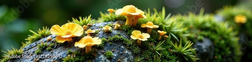 Moss and lichen-covered rock with mushroom-shaped yellow white patches, plant life, moss photo