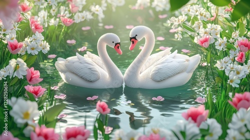 Wallpaper Mural Romantic Swan Couple in a Dreamy Floral Pond Torontodigital.ca