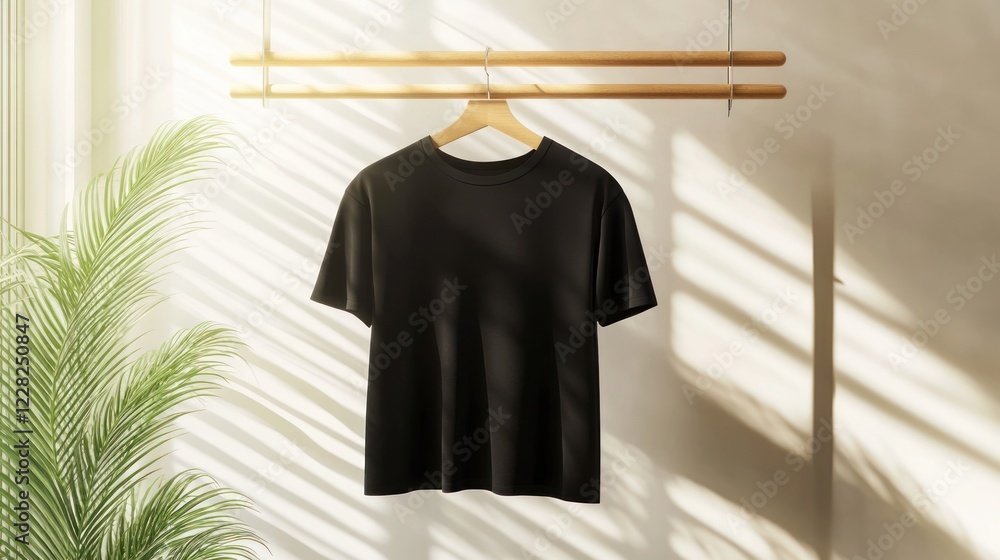 Black TShirt Hanging On Wooden Hanger In Sunlight Black TShirt Hanging On Wooden Hanger In Sunlight
