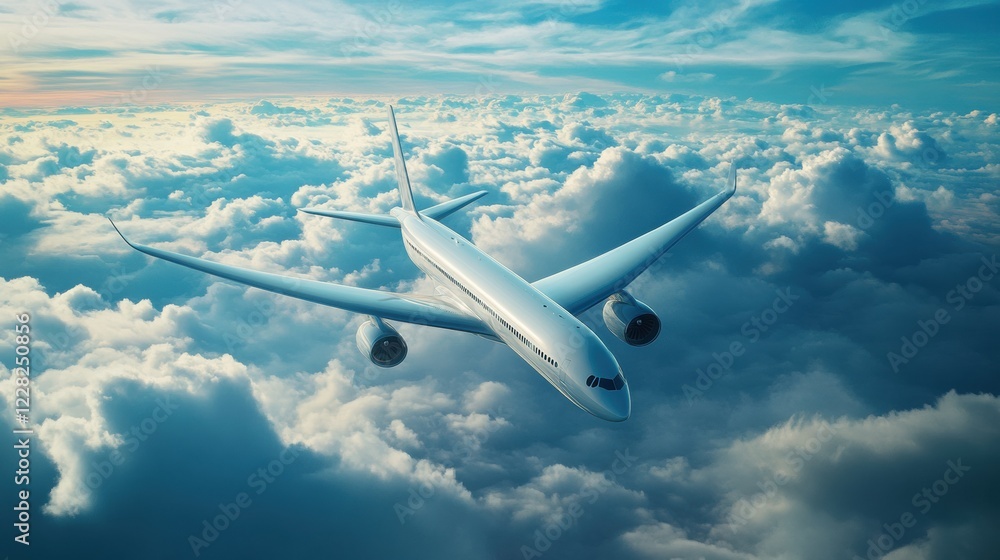 Fototapeta premium Passenger airplane flying high above fluffy white clouds during sunset in clear blue sky. Generative AI