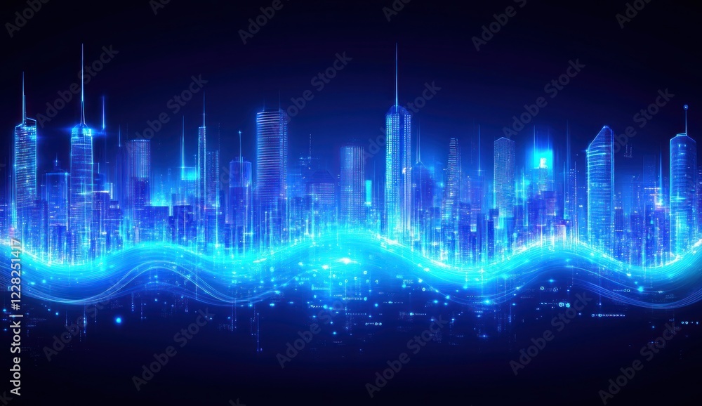 Fototapeta premium Cyber Cityscape: A Digital Metropolis Glowing with Futuristic Energy