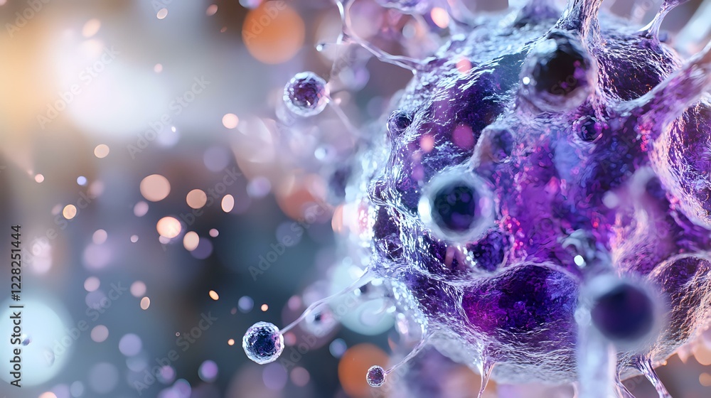 Microscopic view of virus cell structure in purple and blue tones with bokeh light effects, showing detailed molecular biology visualization for medical and scientific concepts. Microscopic view of virus cell structure in purple and blue tones with bokeh light effects, showing detailed molecular biology visualization for medical and scientific concepts.