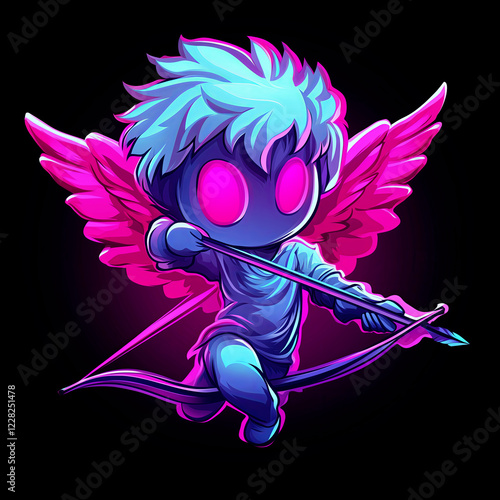 Neon cartoon Cupid with bow and arrow. Valentines day illustration