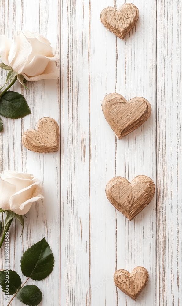 Fototapeta premium A charming display of wooden hearts and vibrant roses graces a white table, capturing the essence of love and romance for Valentine's Day.