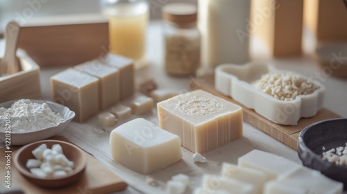 Scene of a soap making setup. Featuring soap molds, ingredients, and a completed soap. Highlighting the craft of soap making. Ideal for DIY and craft blogs. photo