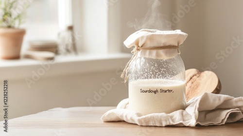 Fresh sourdough starter in jar with cloth on rustic kitchen table photo