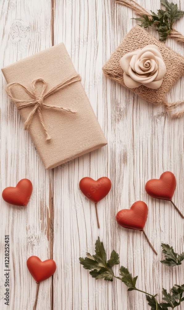 A charming table adorned with playful hearts and a beautifully wrapped gift in rustic brown paper, perfect for celebrating love on Valentine's Day. A charming table adorned with playful hearts and a beautifully wrapped gift in rustic brown paper, perfect for celebrating love on Valentine's Day.