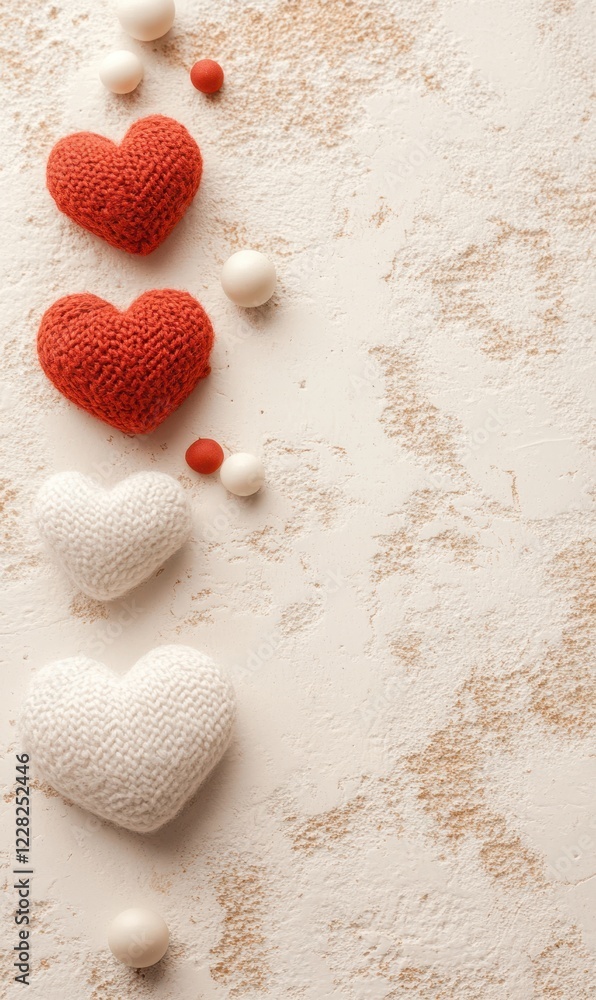 Obraz premium Softly crafted, three vibrant knitted hearts rest alongside two pristine white balls, capturing the essence of love and warmth on a cozy table setting.