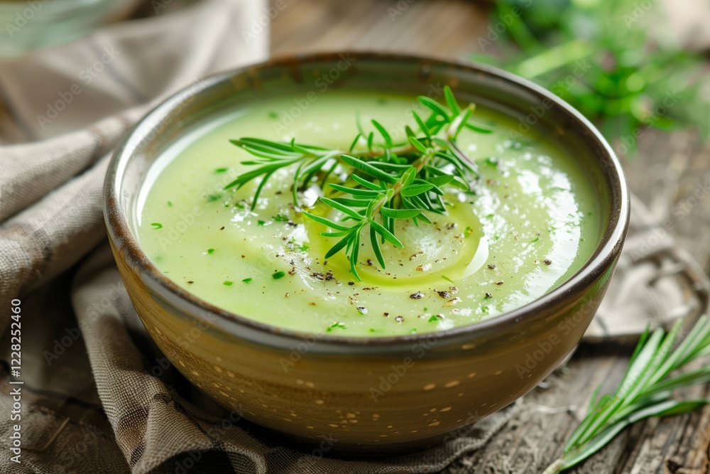 A bowl of creamy green vegetable soup, topped with fresh rosemary and black pepper, offering a nutritious and flavorful dining experience. . A bowl of creamy green vegetable soup, topped with fresh rosemary and black pepper, offering a nutritious and flavorful dining experience. .