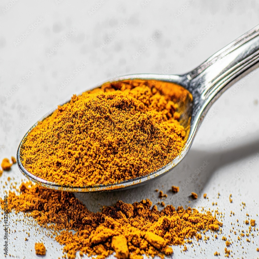 Bright yellow turmeric powder spills from a spoon on a clean background Bright yellow turmeric powder spills from a spoon on a clean background