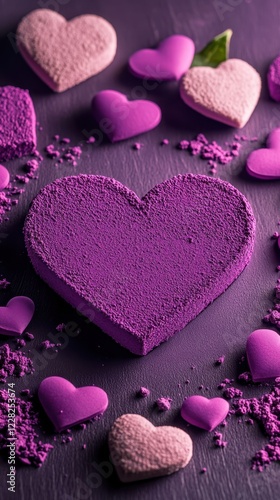 A stunning purple heart-shaped cake sits elegantly on a black surface, surrounded by delicate hearts, perfect for expressing love on Valentine's Day.