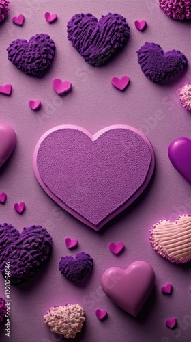 Delight in purple heart-shaped cookies surrounded by charming hearts, all set against a whimsical purple backdrop, perfect for celebrating love.