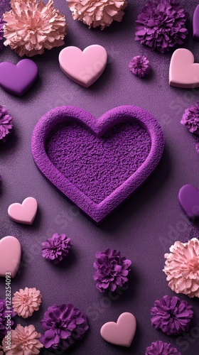 A charming purple heart-shaped cake elegantly adorned with vibrant flowers, creating a delightful centerpiece for a romantic Valentine's Day celebration.
