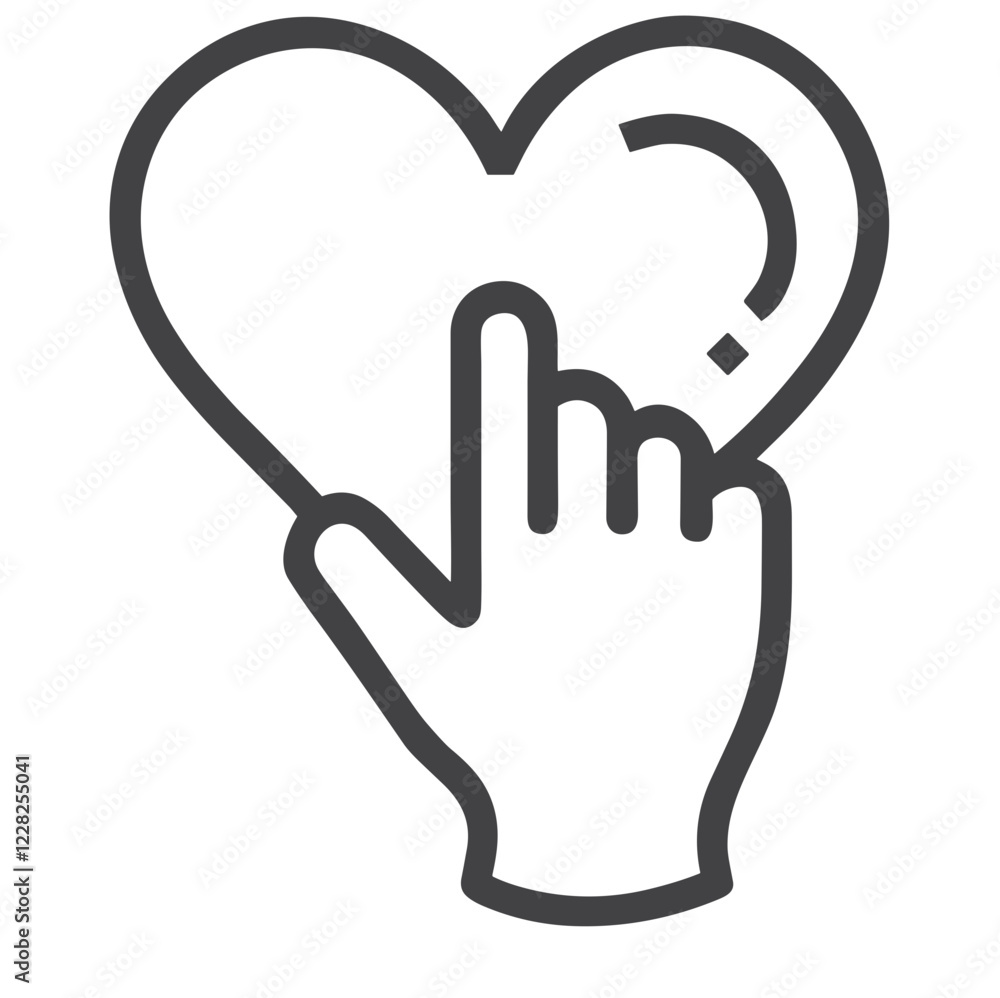 Hand on heart icon, affectionate gesture, minimalist black outline on white background, copy space Hand on heart icon, affectionate gesture, minimalist black outline on white background, copy space
