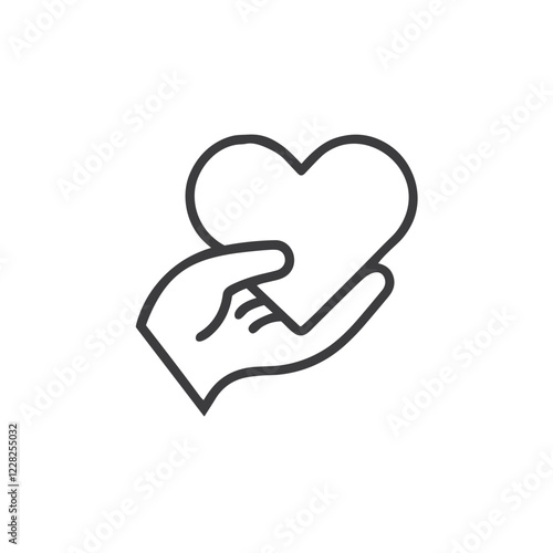 Heart in hand icon, affectionate gesture, minimalist black outline on white background, copy space