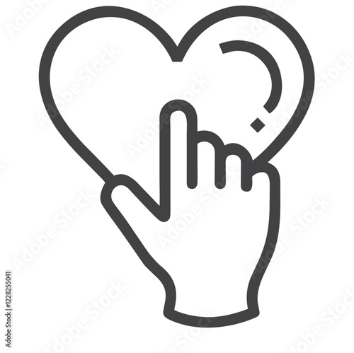 Hand on heart icon, affectionate gesture, minimalist black outline on white background, copy space