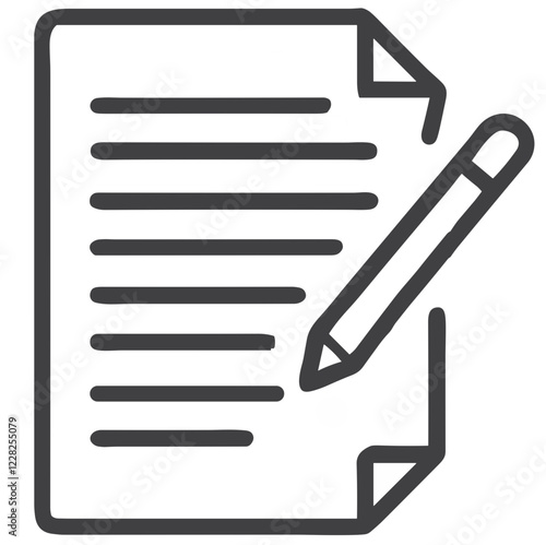 Document with pen icon, writing gesture, minimalist black outline on white background, copy space