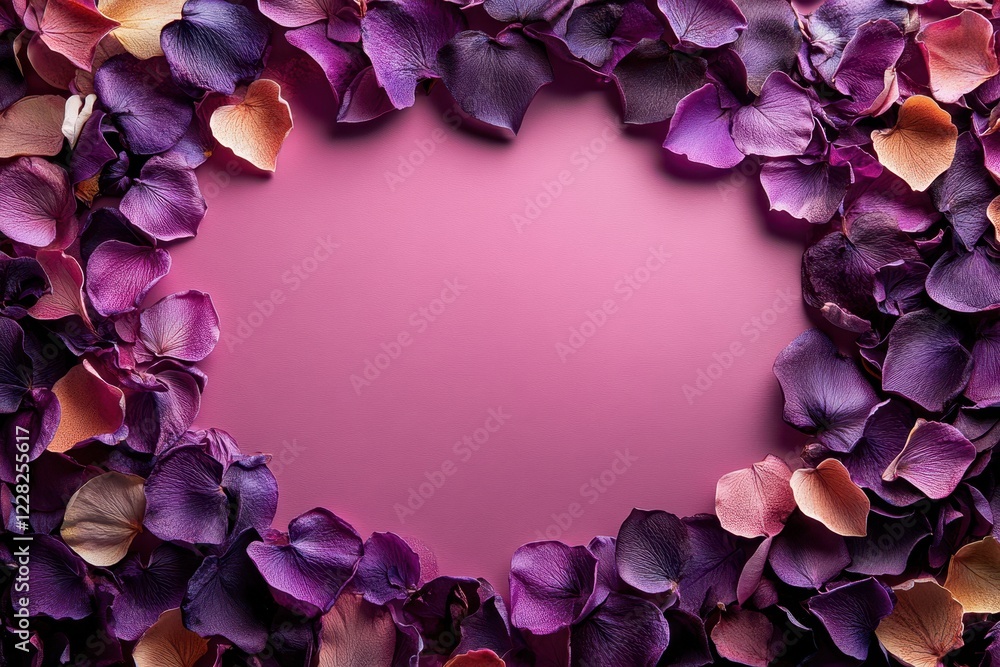 Obraz premium A heart-shaped display of vibrant purple and orange petals rests on a soft pink canvas, radiating love and warmth for Valentine's Day.