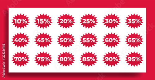 Percent discount tag sticker collection. Set of percentage discount tag for sale. Set of red color tags with percentage discounts