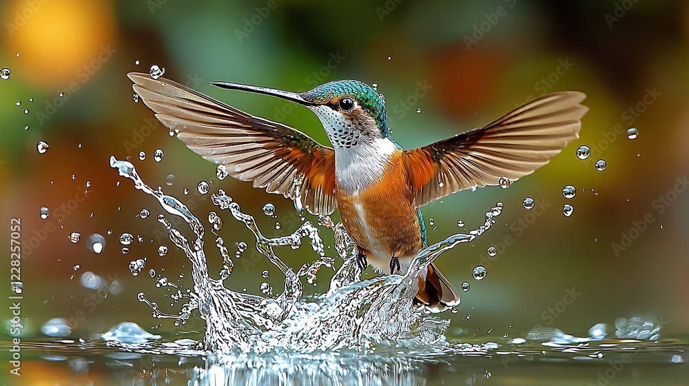 Fototapeta premium Vibrant Hummingbird in Mid-Flight Over Water with Splashes and Colorful Background : Generative AI