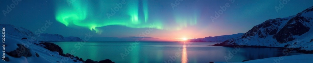 Naklejka premium Softly glowing northern lights on the horizon, Soft Light, Peaceful Environment