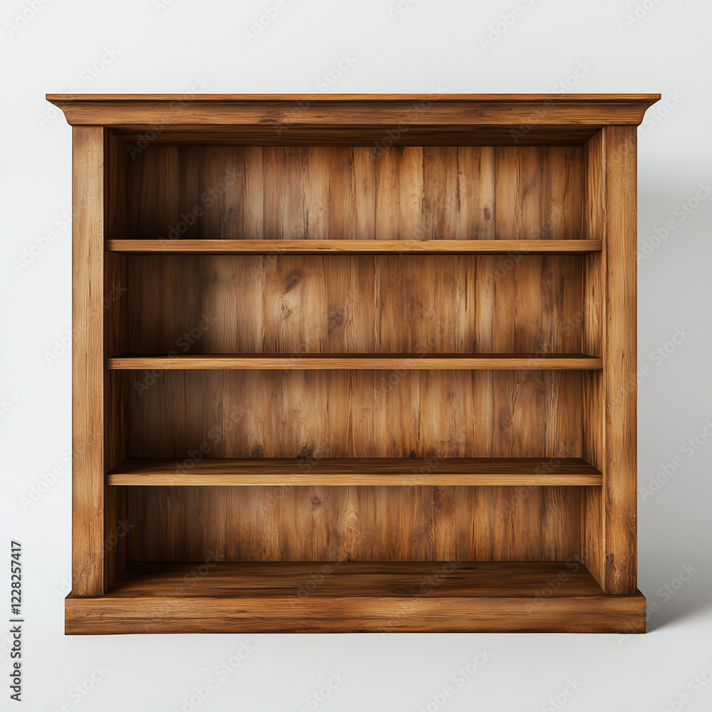 Classic Wooden Bookshelf with a Rich Wood Finish on a White Background Classic Wooden Bookshelf with a Rich Wood Finish on a White Background