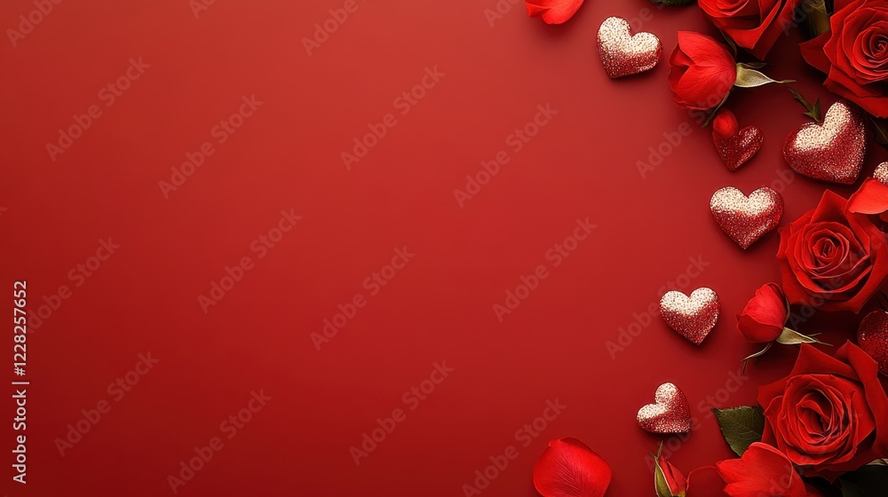 A vibrant red backdrop adorned with delicate roses and charming hearts, creating a romantic canvas perfect for expressing love on Valentine's Day. A vibrant red backdrop adorned with delicate roses and charming hearts, creating a romantic canvas perfect for expressing love on Valentine's Day.