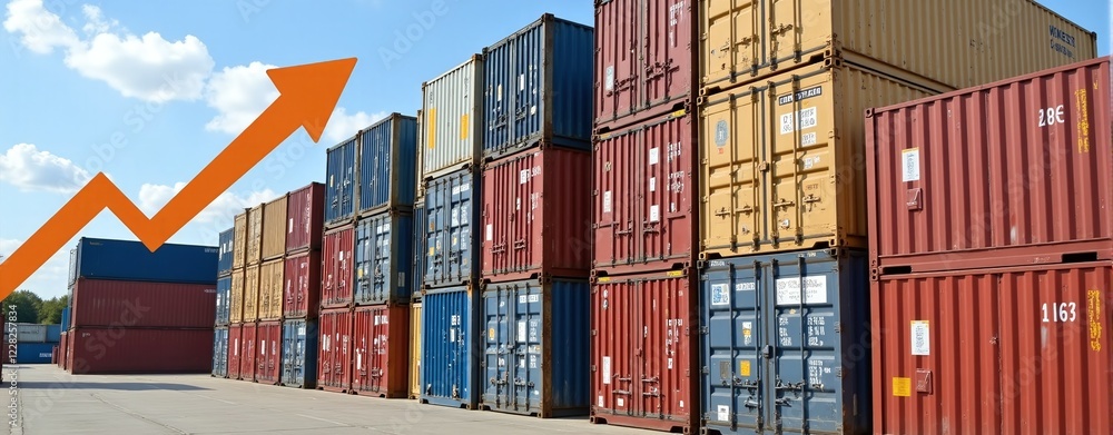 Fototapeta premium Shipping container with upward arrow: Symbol of rising trade volumes, increased imports and exports, and economic growth in global commerce