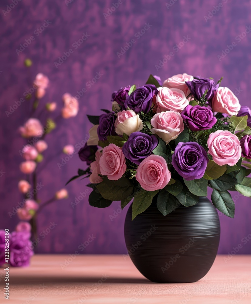 Fototapeta premium A stunning arrangement of purple and pink roses elegantly displayed in a sleek black vase, creating a romantic ambiance perfect for Valentine's Day.