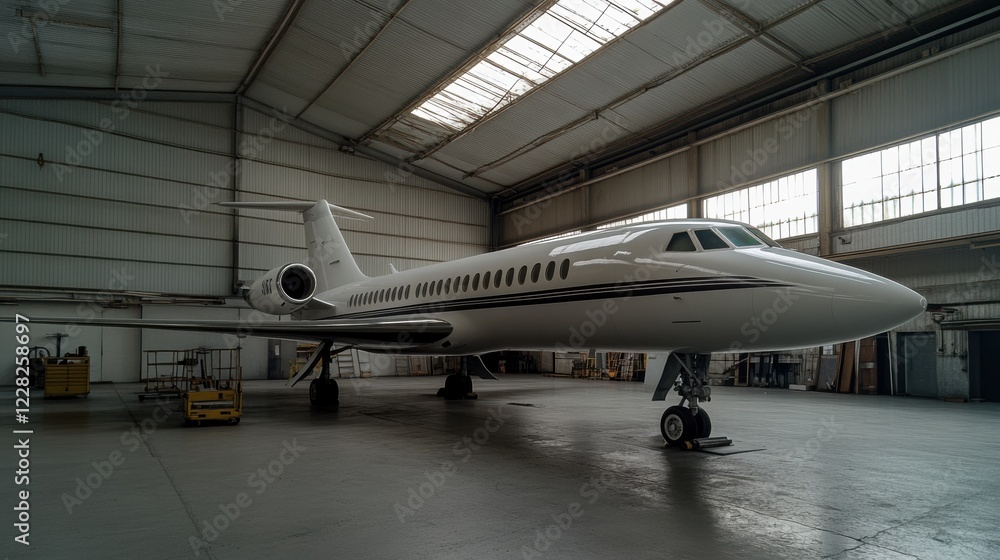 Private jet parked inside a spacious hangar with ample natural light during the day. Generative AI Private jet parked inside a spacious hangar with ample natural light during the day. Generative AI