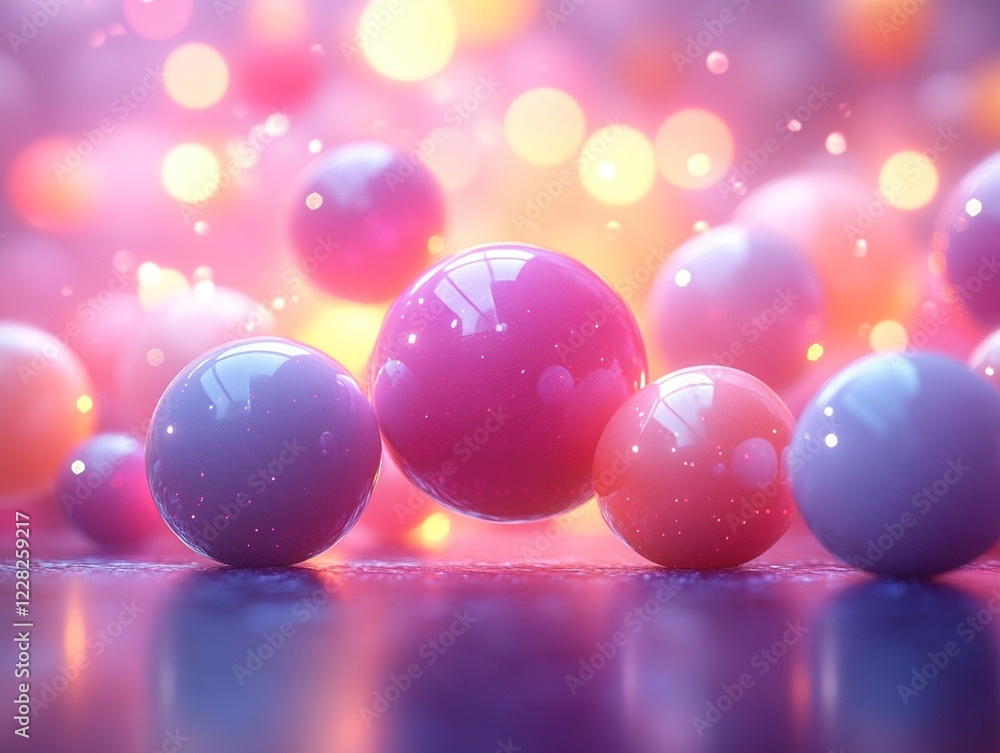 Colorful spheres on reflective surface with bokeh background Colorful spheres on reflective surface with bokeh background