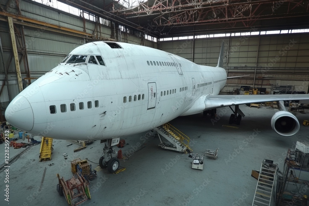 Obraz premium Vintage airplane restoration project in large hangar showcasing a detailed view of an aircraft. Generative AI