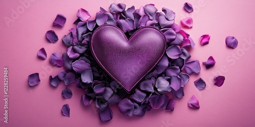 A whimsical purple heart-shaped purse nestled among delicate petals, set against a soft pink backdrop, perfect for Valentine's Day romance. photo