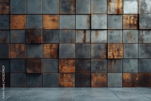 Frontal view of a modern metal cube wall with rust, set against an industrial concrete background photo