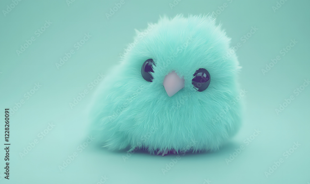 Fototapeta premium Soft turquoise fluffy bird with oversized eyes resting on a pastel background