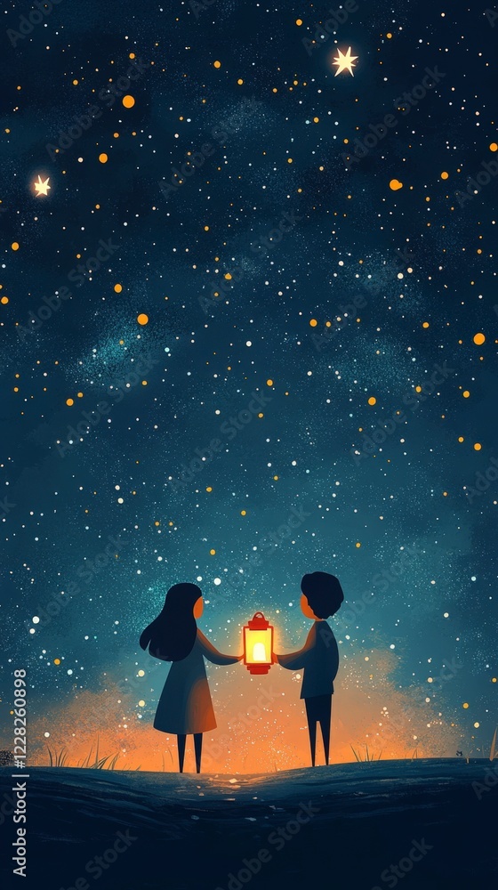Obraz premium Two Children Sharing Lantern Light Under Starry Night